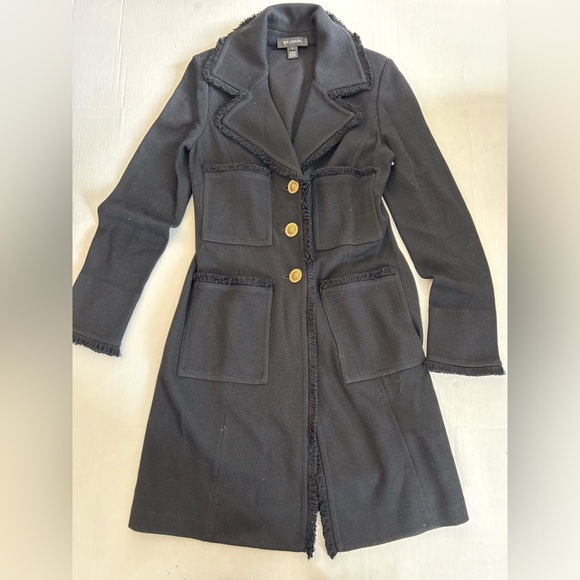 St. John Milano Pique Knit Wool Blend Pocket Fringe Topper Coat Size 8 Caviar - Picture 2 of 5